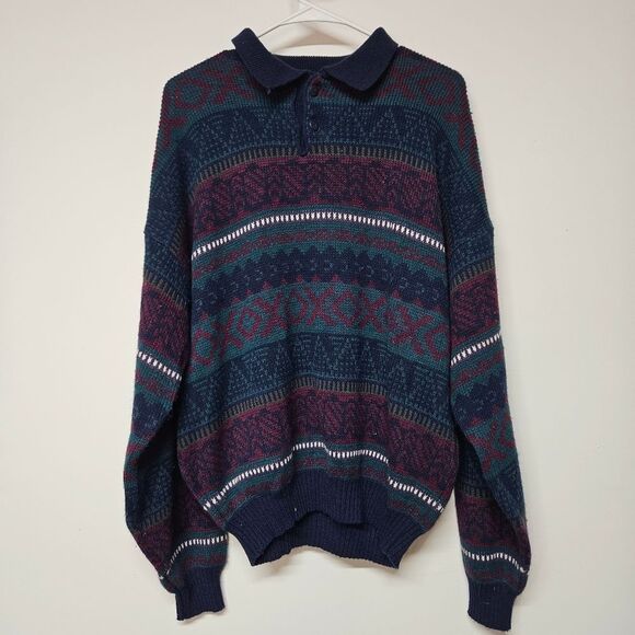 Puritan Blue and Red Crewneck Sweater with Geometric Pattern Size Large - Picture 1 of 4
